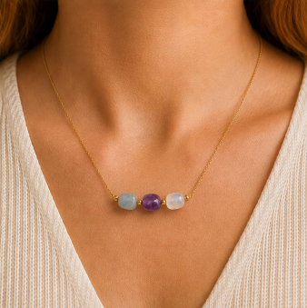Calm & Balance – Intentieketting met Aquamarijn, Amethist & Maansteen