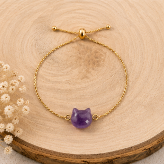 Cat Lovers Armband – Amethist Kattenhoofdje Goudkleurig