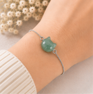 Cat Lovers armband - aventurijn kattenhoofdje - zilverkleur