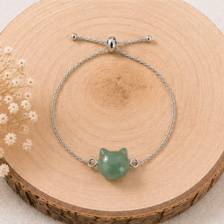 Cat Lovers armband - aventurijn kattenhoofdje - zilverkleur