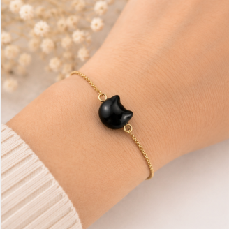 Cat Lovers armband - Obsidiaan kattenhoofdje - goudkleur