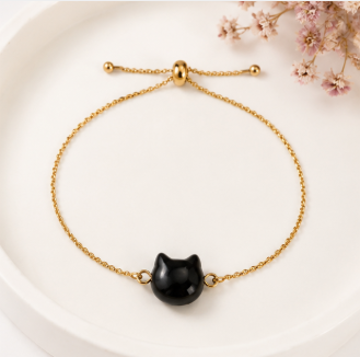 Cat Lovers armband - Obsidiaan kattenhoofdje - goudkleur