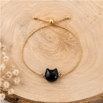Cat Lovers armband - Obsidiaan kattenhoofdje - goudkleur