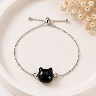 Cat Lovers armband - Obsidiaan kattenhoofdje - zilverkleur