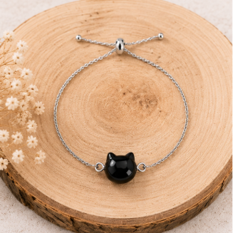 Cat Lovers armband - Obsidiaan kattenhoofdje - zilverkleur
