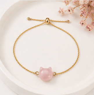 Cat Lovers armband - Rozenkwarts kattenhoofdje - Goudkleur