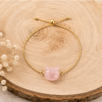 Cat Lovers armband - Rozenkwarts kattenhoofdje - Goudkleur