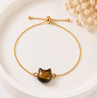 Cat Lovers armband - Tijgeroog kattenhoofdje - goudkleur