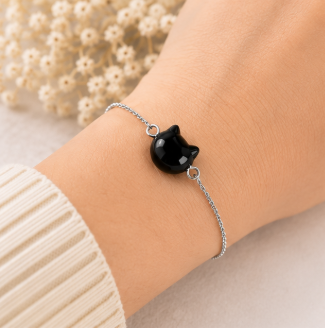 Cat Lovers armband - Obsidiaan kattenhoofdje - zilverkleur