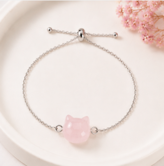 Cat Lovers armband - rozenkwarts kattenhoofdje - zilverkleur