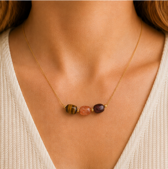 Confidence & Courage – Intentieketting met Tijgeroog, Zonnesteen & Granaat