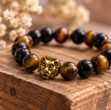 Lionheart – Elastische armband met Tijgeroog & Obsidiaan