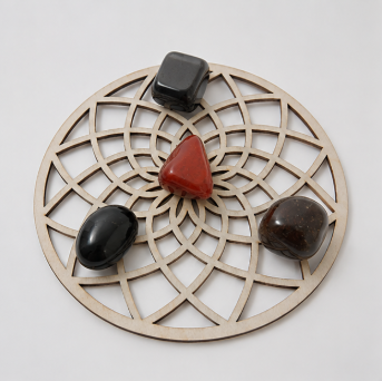 Grounding Crystal Grid Set – Rode Jaspis, Obsidiaan, Hematiet &amp; Rookkwarts