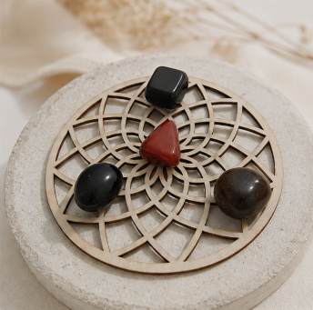 Grounding Crystal Grid Set – Rode Jaspis, Obsidiaan, Hematiet &amp; Rookkwarts