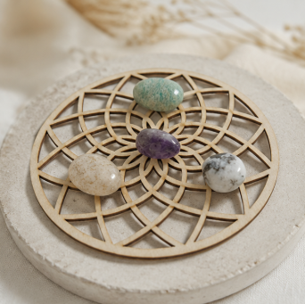 Inner Peace Crystal Grid Set – Amazoniet, Amethist, Maansteen &amp; Bergkristal