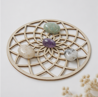 Inner Peace Crystal Grid Set – Amazoniet, Amethist, Maansteen &amp; Bergkristal