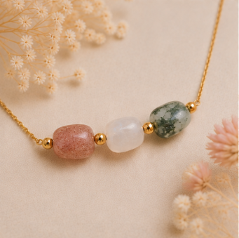 Love & Growth – Intentieketting met Aardbeienkwarts, Maansteen & Mosagaat