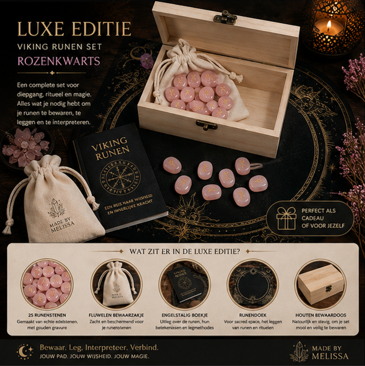 Luxe Viking Runes Set – Rozenkwarts – met Engelstalig Boekje (kopie)