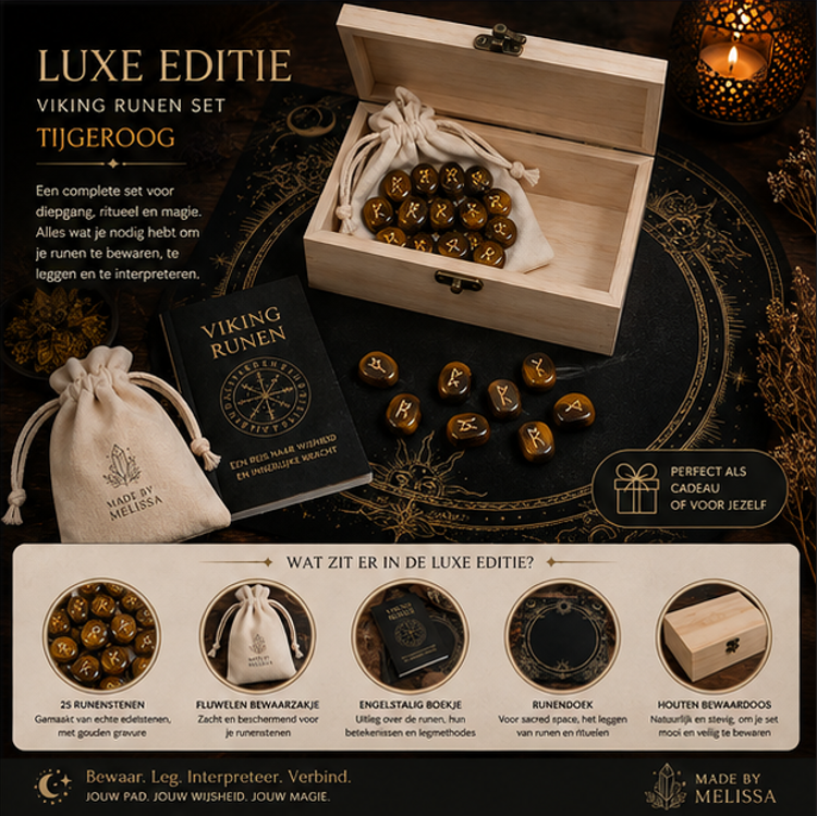 Luxe Viking Runes Set – Tijgeroog – met Engelstalig Boekje