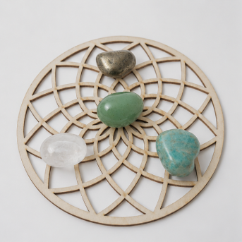 New Beginnings Crystal Grid Set – Pyriet, Aventurijn, Amazoniet & Bergkristal