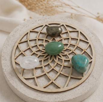New Beginnings Crystal Grid Set – Pyriet, Aventurijn, Amazoniet & Bergkristal