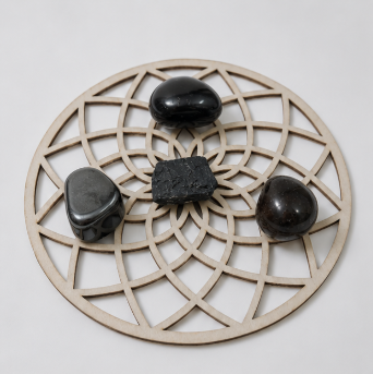 Protection Crystal Grid Set – Obsidiaan, Hematiet, Zwarte Toermalijn & Rookkwarts