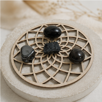 Protection Crystal Grid Set – Obsidiaan, Hematiet, Zwarte Toermalijn & Rookkwarts