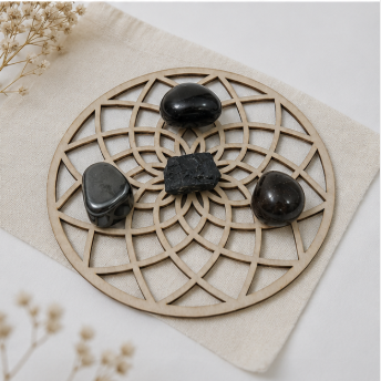 Protection Crystal Grid Set – Obsidiaan, Hematiet, Zwarte Toermalijn & Rookkwarts