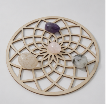Self Love Crystal Grid Set – Amethist, Rozenkwarts, Maansteen & Bergkristal