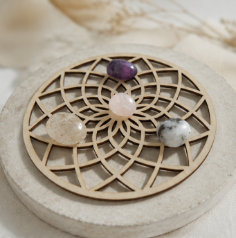 Self Love Crystal Grid Set – Amethist, Rozenkwarts, Maansteen & Bergkristal