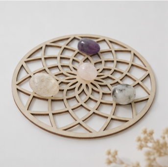 Self Love Crystal Grid Set – Amethist, Rozenkwarts, Maansteen & Bergkristal