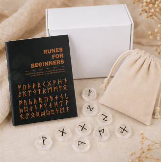 Viking Runes Set – Bergkristal – met Engelstalig Boekje