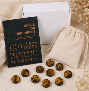 Luxe Viking Runes Set – Tijgeroog – met Engelstalig Boekje
