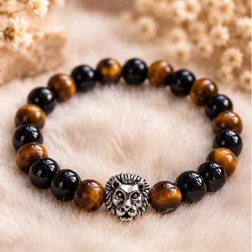Lionheart – Elastische armband met Tijgeroog & Obsidiaan