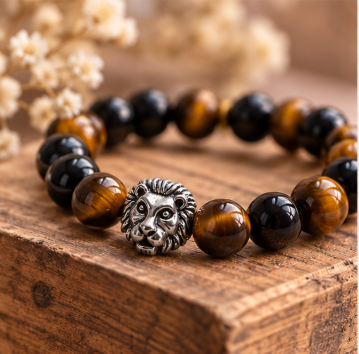 Lionheart – Elastische armband met Tijgeroog & Obsidiaan