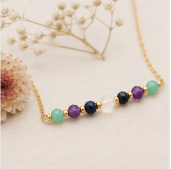 Maagd Zodiac Ketting – Saffier, Amethist, Amazoniet &amp; Bergkristal