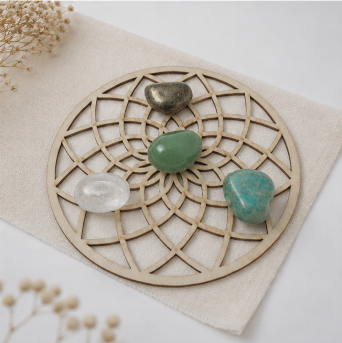New Beginnings Crystal Grid Set – Pyriet, Aventurijn, Amazoniet & Bergkristal